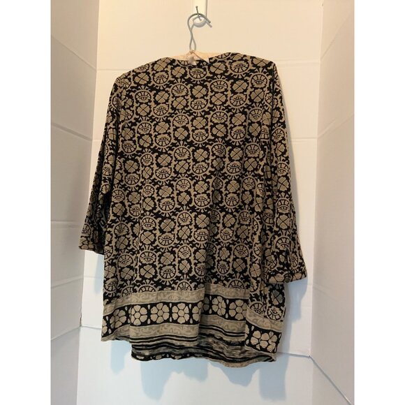 Lucky Brand Tunic Top Women's M Black Tan Boho Paisley Print Stretch 3/4 Sleeves - Picture 2 of 9
